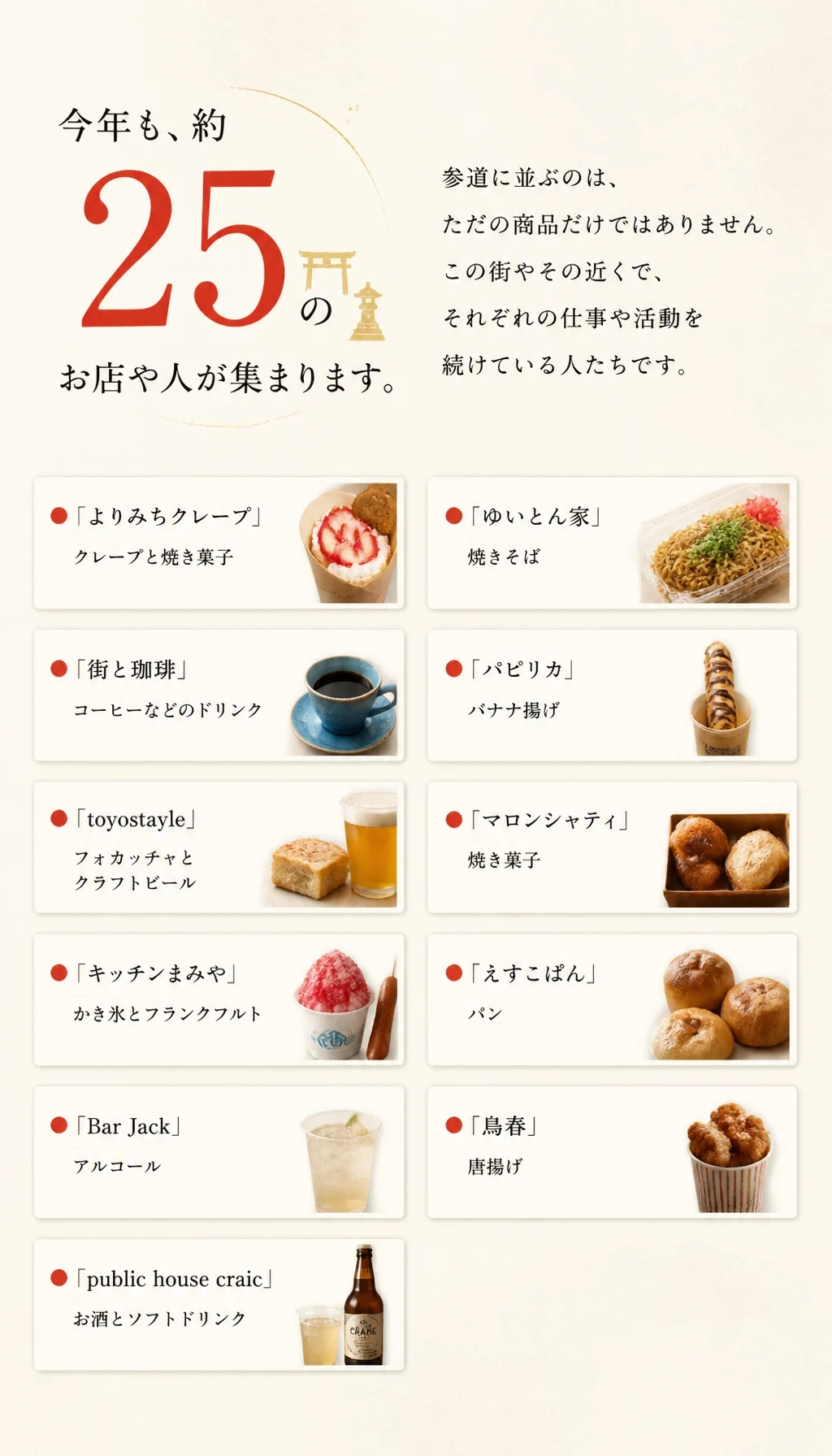今年も約25のお店や人が集まります
